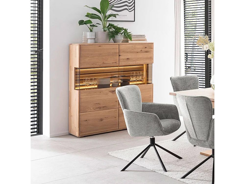 Highboard Esszimmer Vitrine aus Asteiche Massivholz mit Metallgriffen