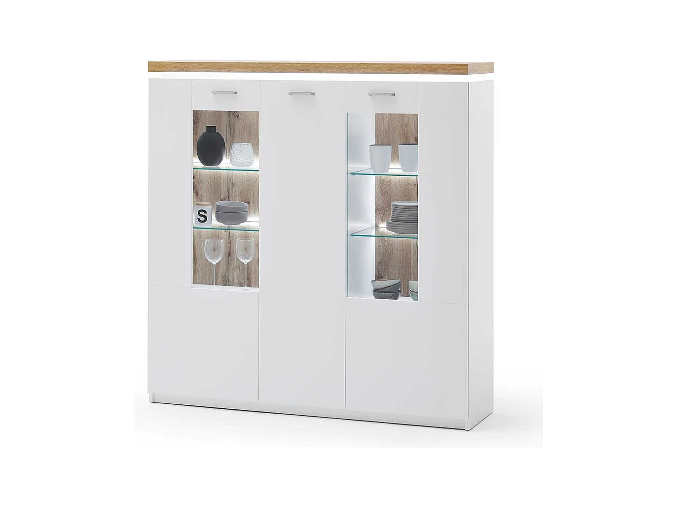 Highboard Vitrine in Weiß und Wildeiche Optik LED Beleuchtung