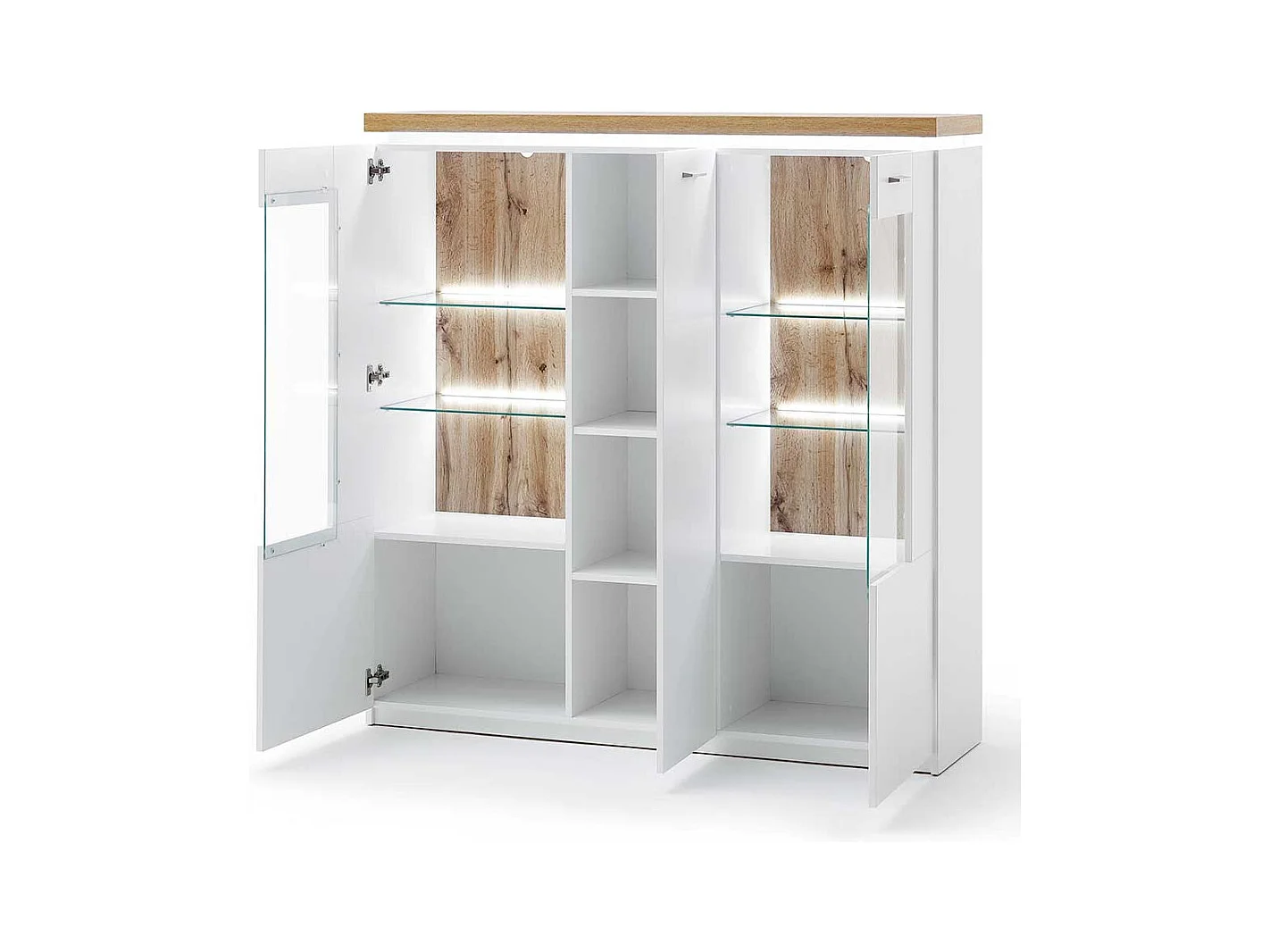 Highboard Vitrine in Weiß und Wildeiche Optik LED Beleuchtung