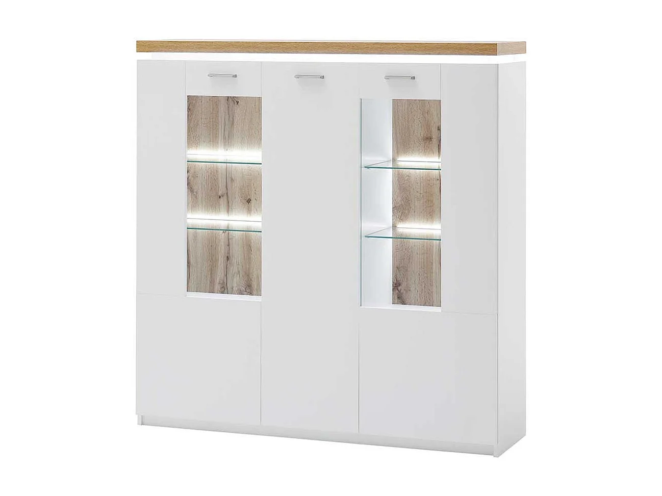 Highboard Vitrine in Weiß und Wildeiche Optik LED Beleuchtung