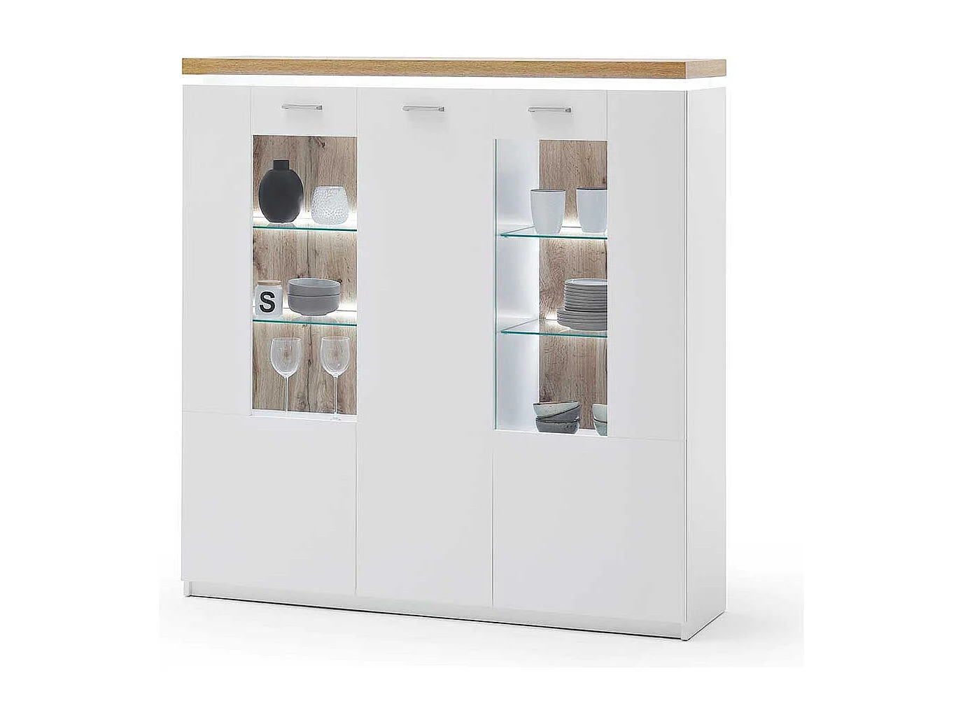 Highboard Vitrine in Weiß und Wildeiche Optik LED Beleuchtung