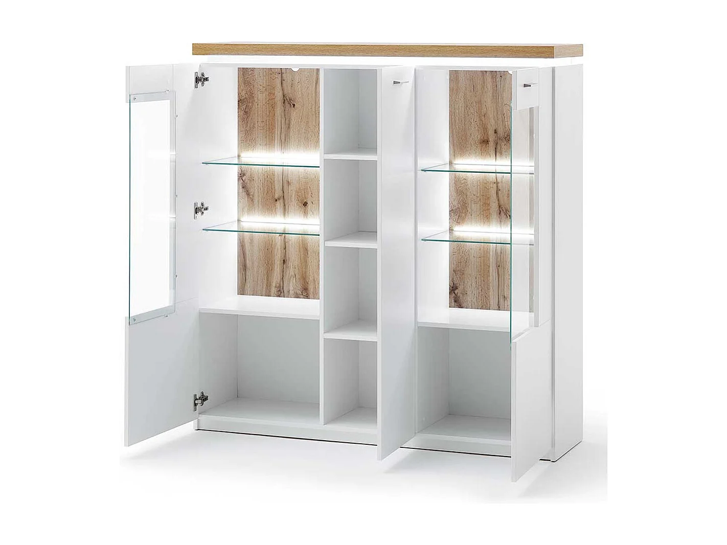 Highboard Vitrine in Weiß und Wildeiche Optik LED Beleuchtung