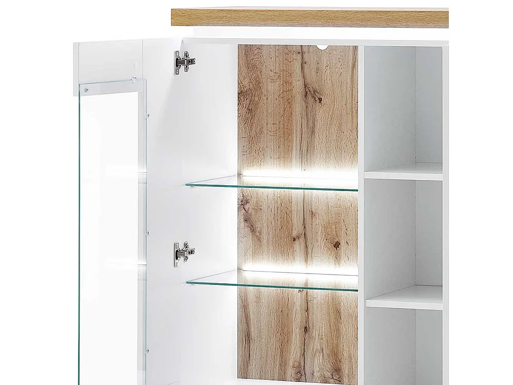 Highboard Vitrine in Weiß und Wildeiche Optik LED Beleuchtung