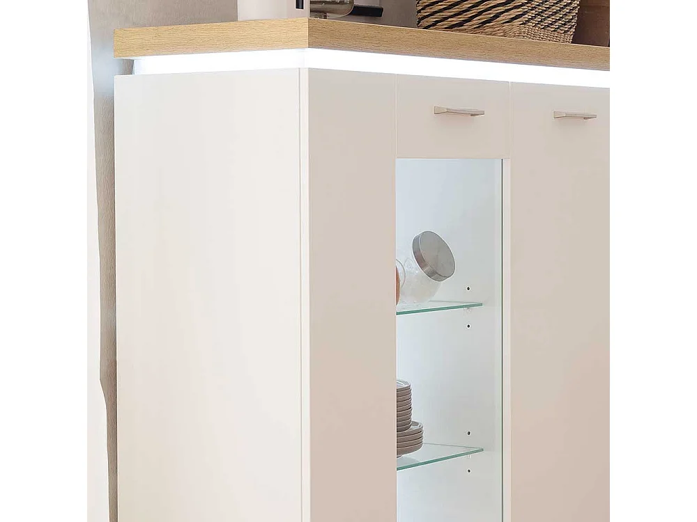Highboard Vitrine in Weiß und Wildeiche Optik LED Beleuchtung