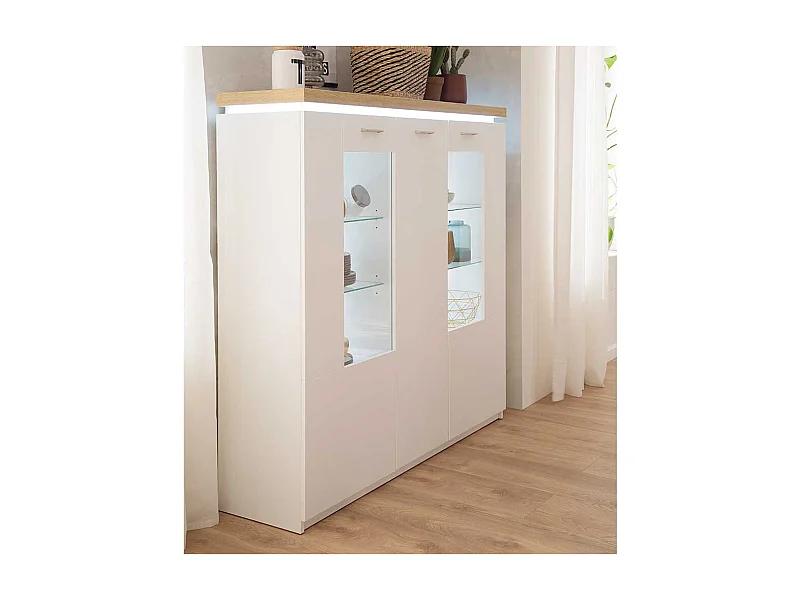 Highboard Vitrine in Weiß und Wildeiche Optik LED Beleuchtung