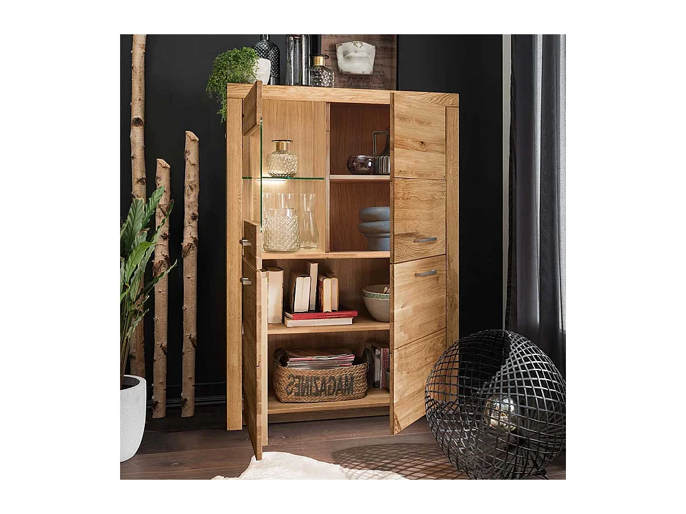 Highboard Vitrine aus Wildeiche Massivholz Glastür links