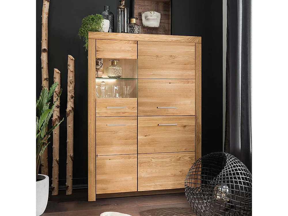 Highboard Vitrine aus Wildeiche Massivholz Glastür links