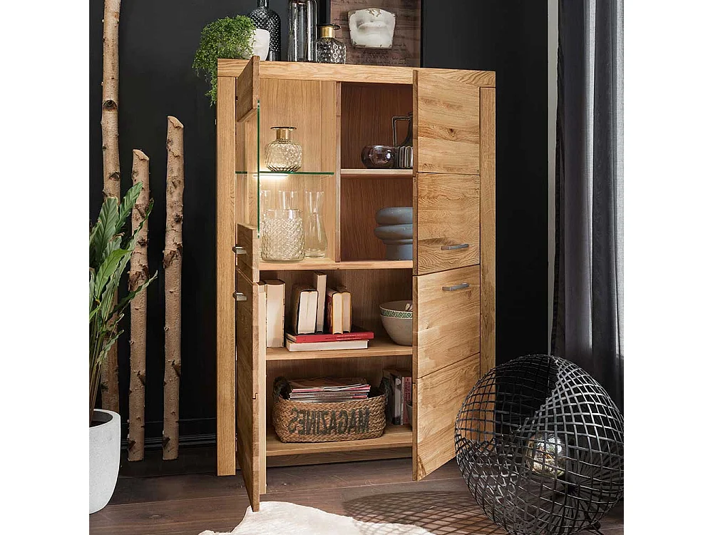 Highboard Vitrine aus Wildeiche Massivholz Glastür links