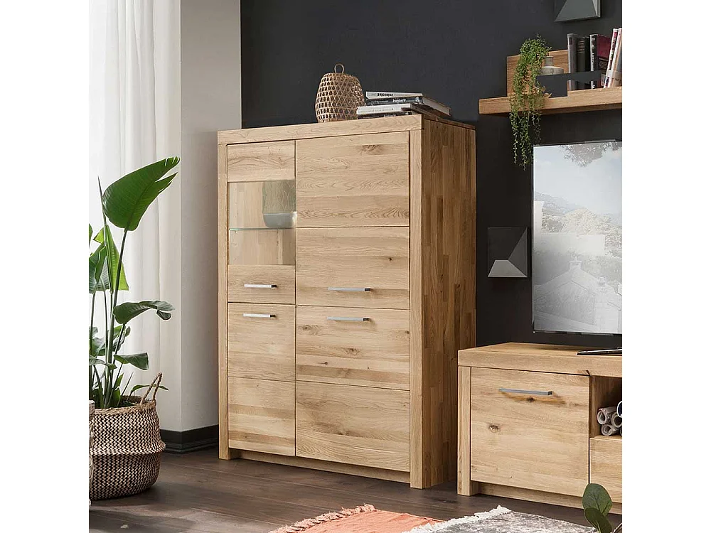 Highboard Vitrine aus Wildeiche Massivholz Glastür links