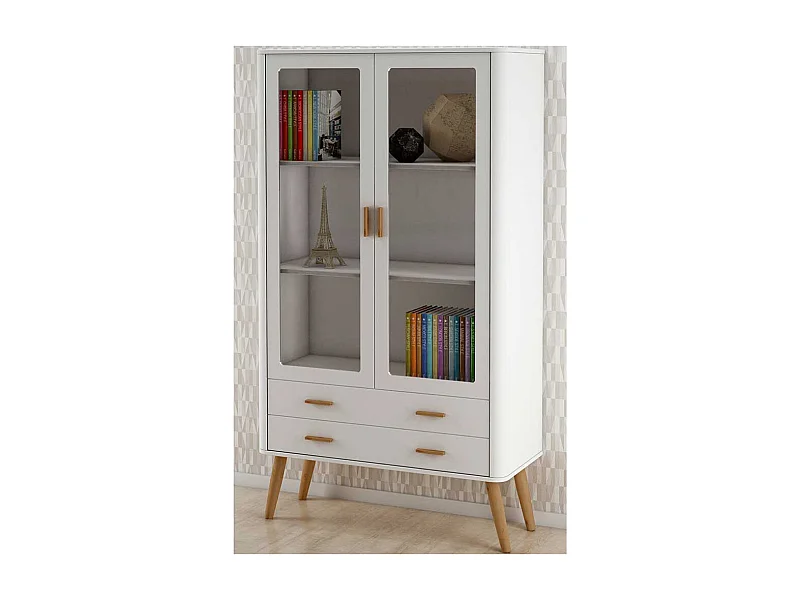 Skandistil Vitrine in Weiß und Eichefarben Glastüren und Schubladen