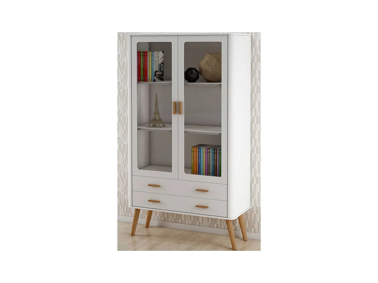 Skandistil Vitrine in Weiß und Eichefarben Glastüren und Schubladen