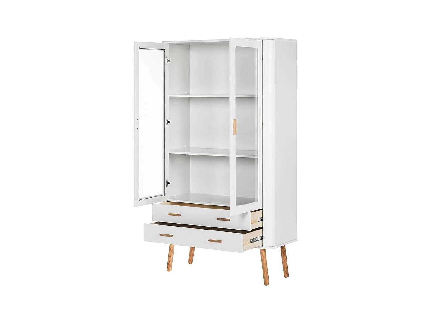 Skandistil Vitrine in Weiß und Eichefarben Glastüren und Schubladen