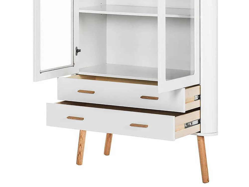 Skandistil Vitrine in Weiß und Eichefarben Glastüren und Schubladen