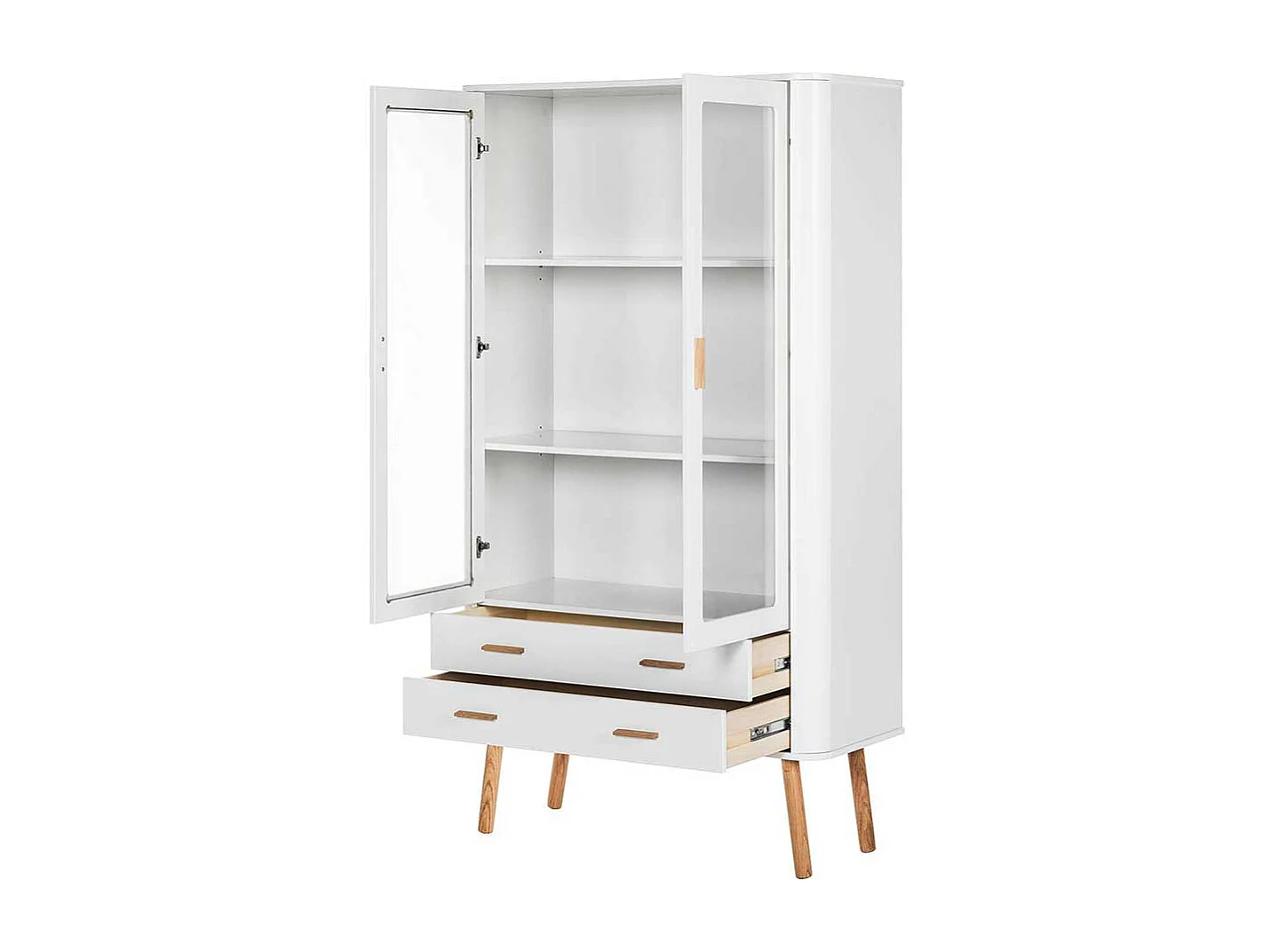 Skandistil Vitrine in Weiß und Eichefarben Glastüren und Schubladen