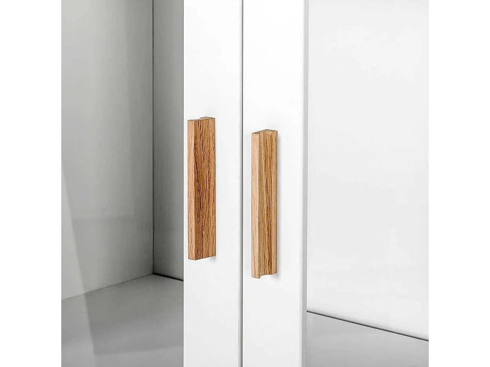 Skandistil Vitrine in Weiß und Eichefarben Glastüren und Schubladen