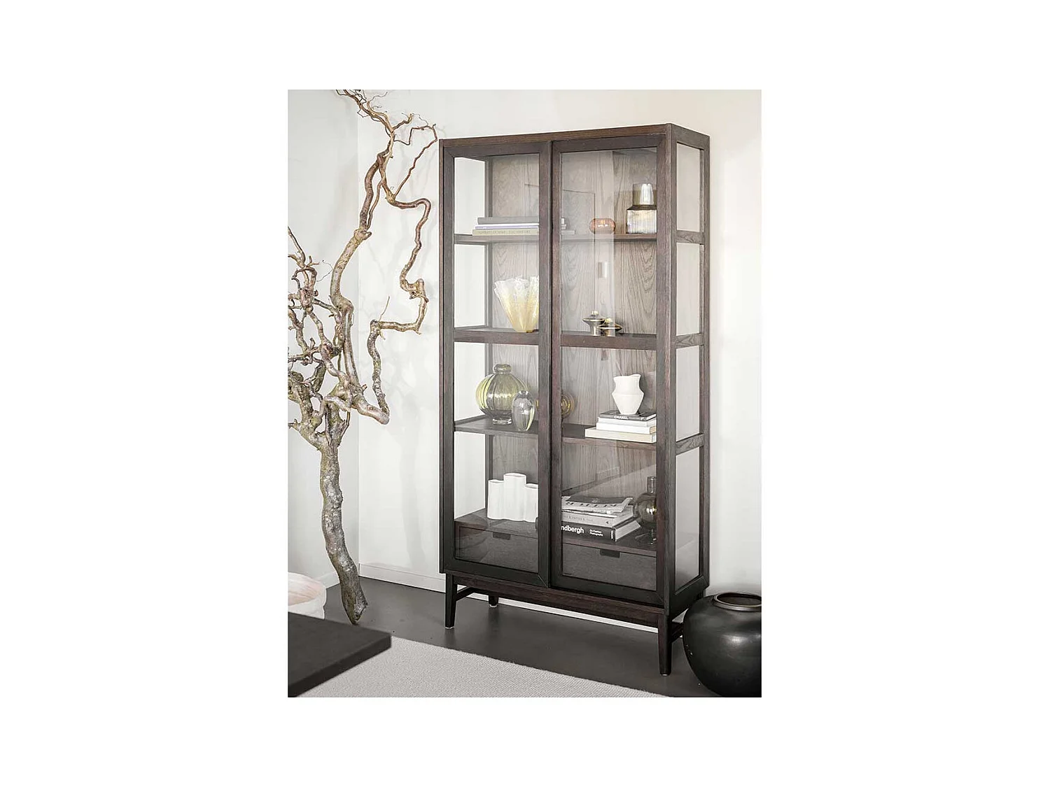 Wohnzimmer Vitrinenschrank in Eiche Dunkelbraun zwei Schubladen und zwei Glastüren