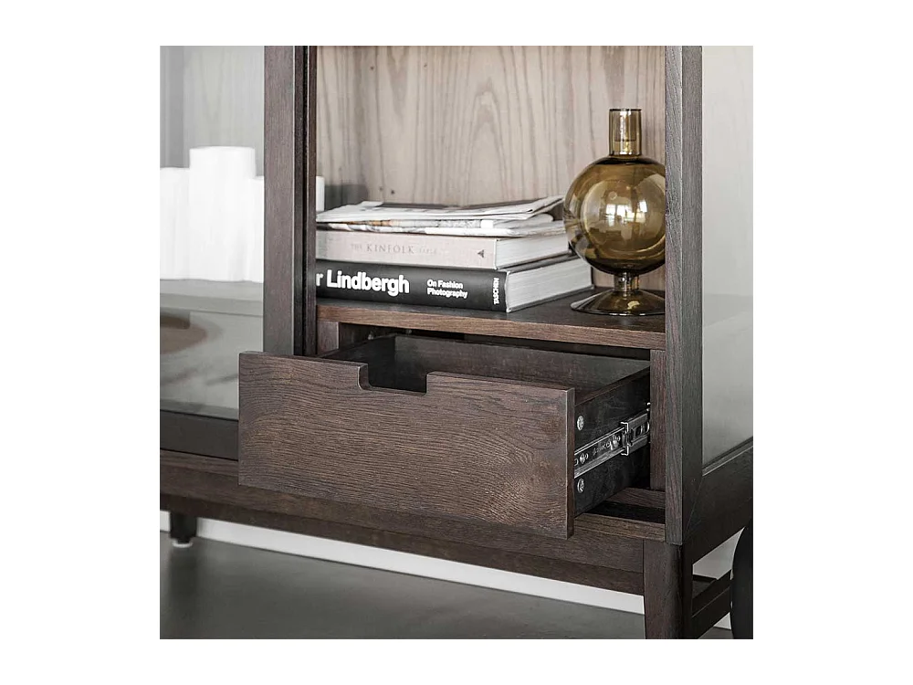 Wohnzimmer Vitrinenschrank in Eiche Dunkelbraun zwei Schubladen und zwei Glastüren