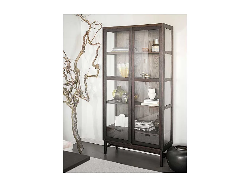 Wohnzimmer Vitrinenschrank in Eiche Dunkelbraun zwei Schubladen und zwei Glastüren