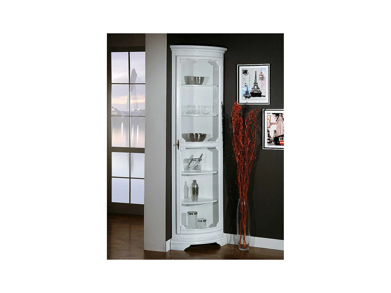 Schmale Vitrine für die Ecke in Weiß Vintage Look