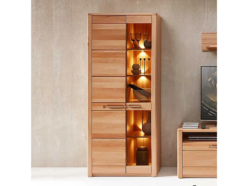 Schrank Vitrine mit Beleuchtung in Kernbuchefarben 203 cm hoch