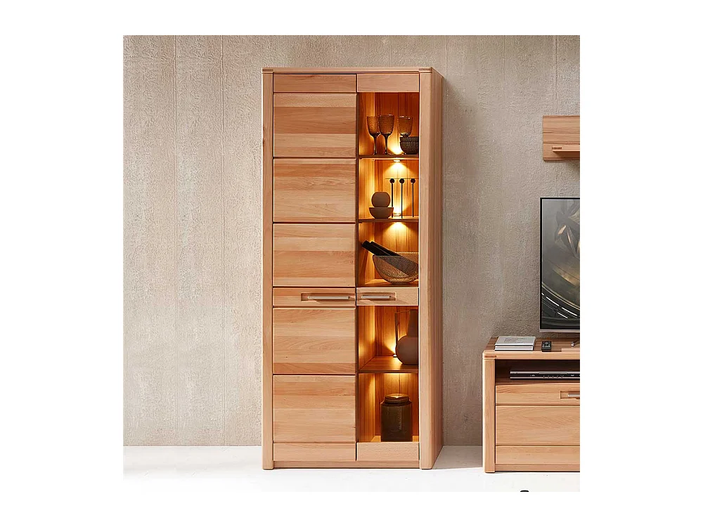 Schrank Vitrine mit Beleuchtung in Kernbuchefarben 203 cm hoch