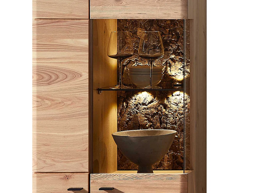 Schrank Vitrine teilmassiv 60 cm breit und 204 cm hoch Metallgriffen