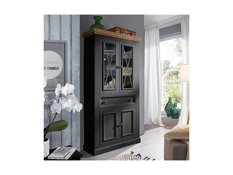 Wohnzimmervitrine in Grau und Eichefarben Kiefer Massivholz