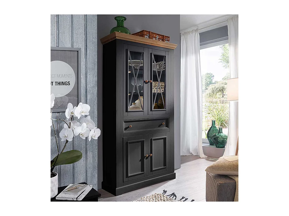 Wohnzimmervitrine in Grau und Eichefarben Kiefer Massivholz