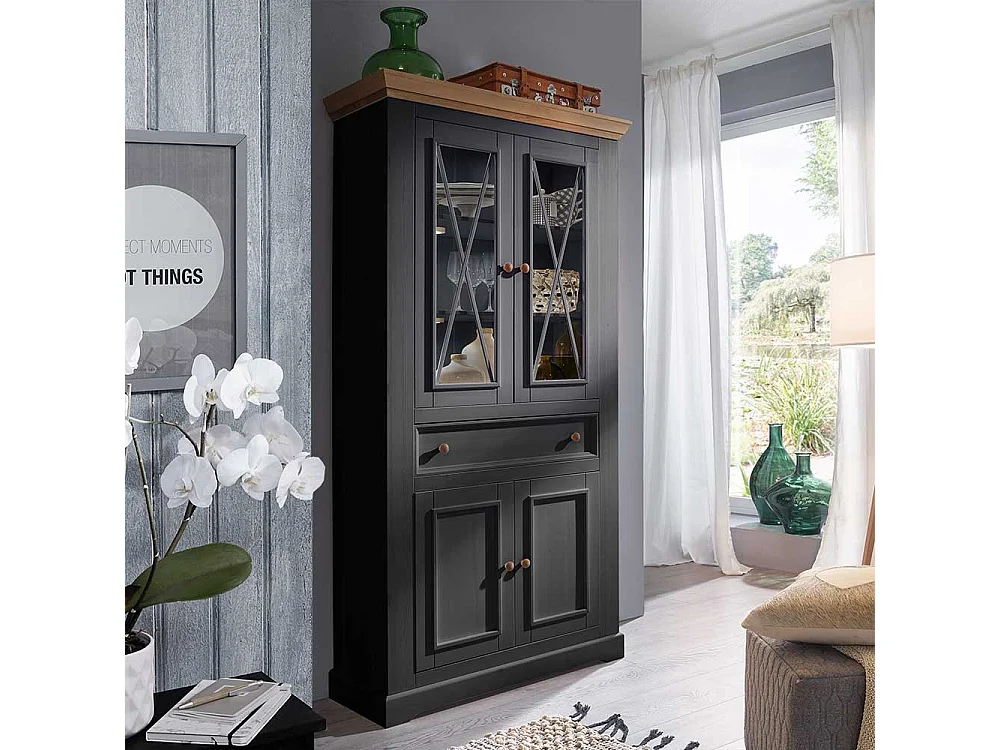 Wohnzimmervitrine in Grau und Eichefarben Kiefer Massivholz