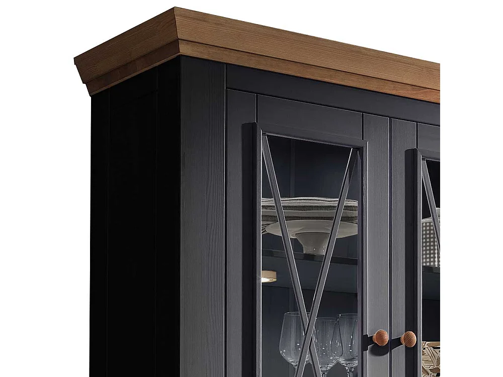 Wohnzimmervitrine in Grau und Eichefarben Kiefer Massivholz