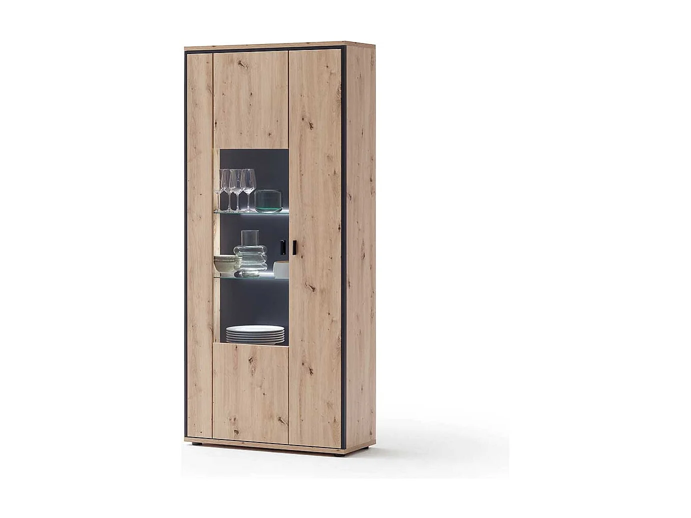 Wohnzimmervitrine in Eichefarben und Anthrazit 210 cm hoch