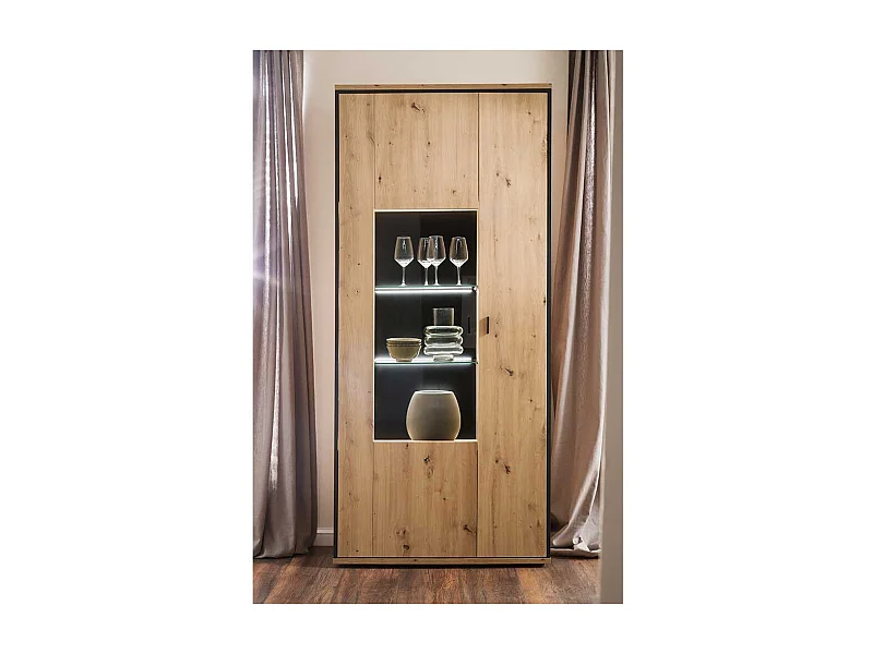 Wohnzimmervitrine in Eichefarben und Anthrazit 210 cm hoch