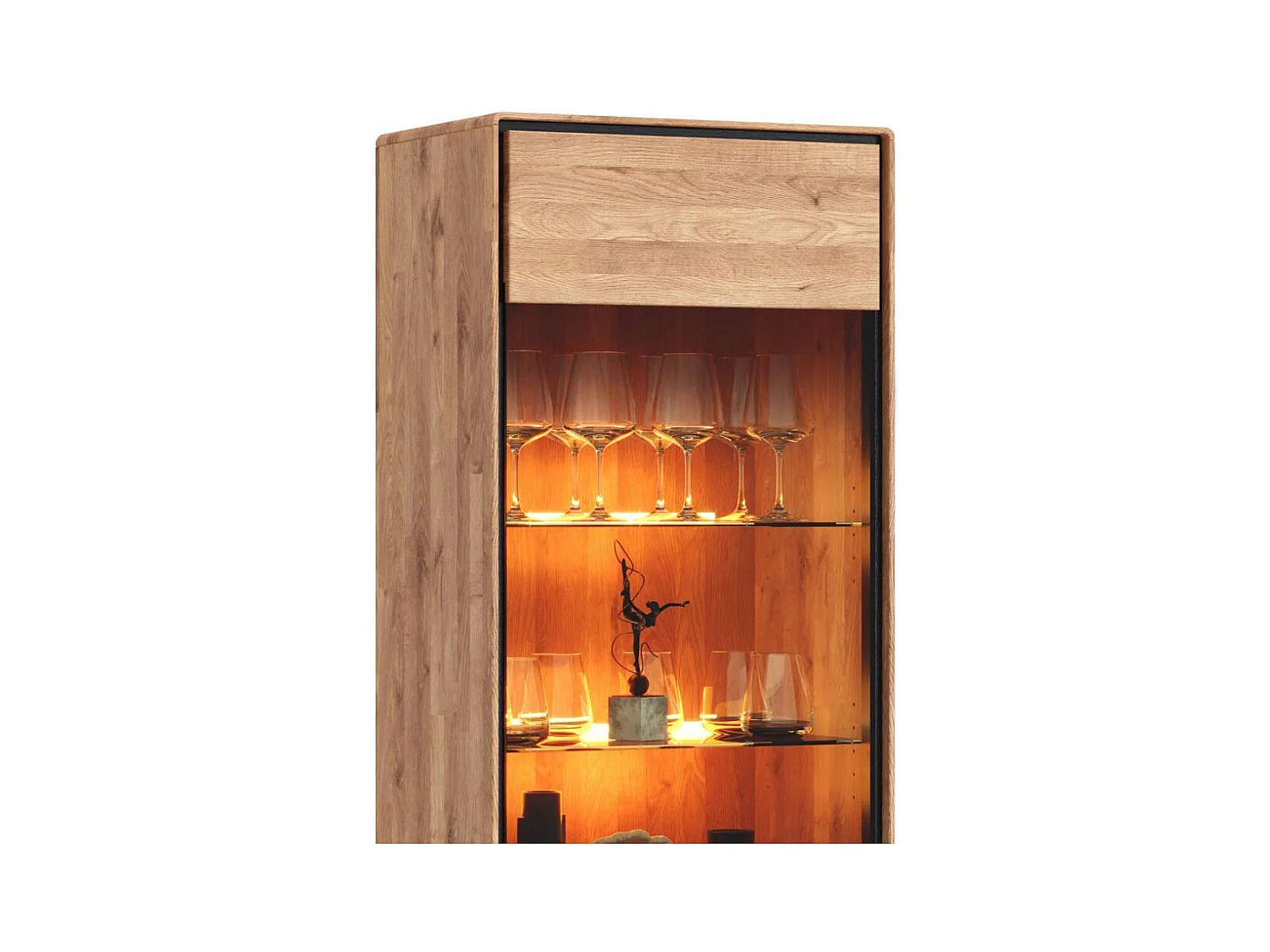 Wohnzimmervitrine Standvitrine aus Wildeiche Massivholz mit zwei Glasböden