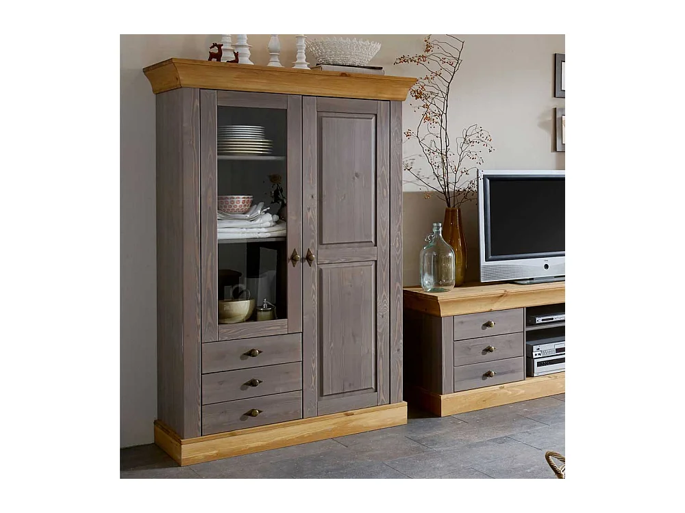 Standvitrine in Grau Kiefer teilmassiv