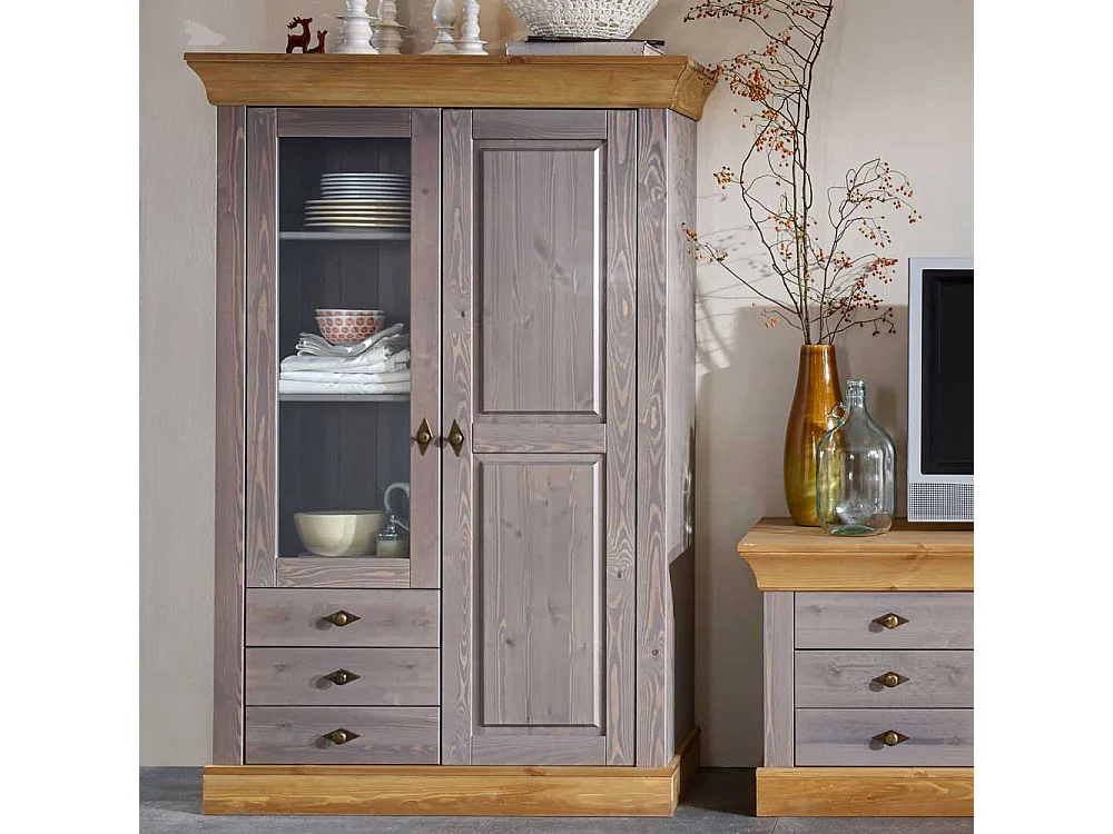 Standvitrine in Grau Kiefer teilmassiv