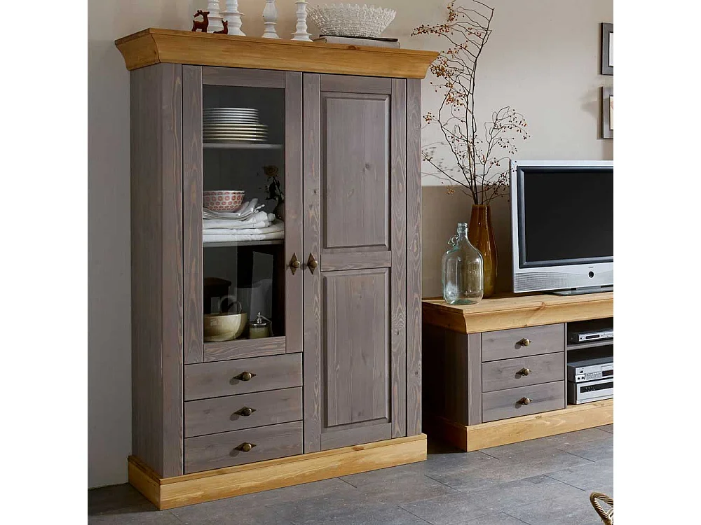 Standvitrine in Grau Kiefer teilmassiv