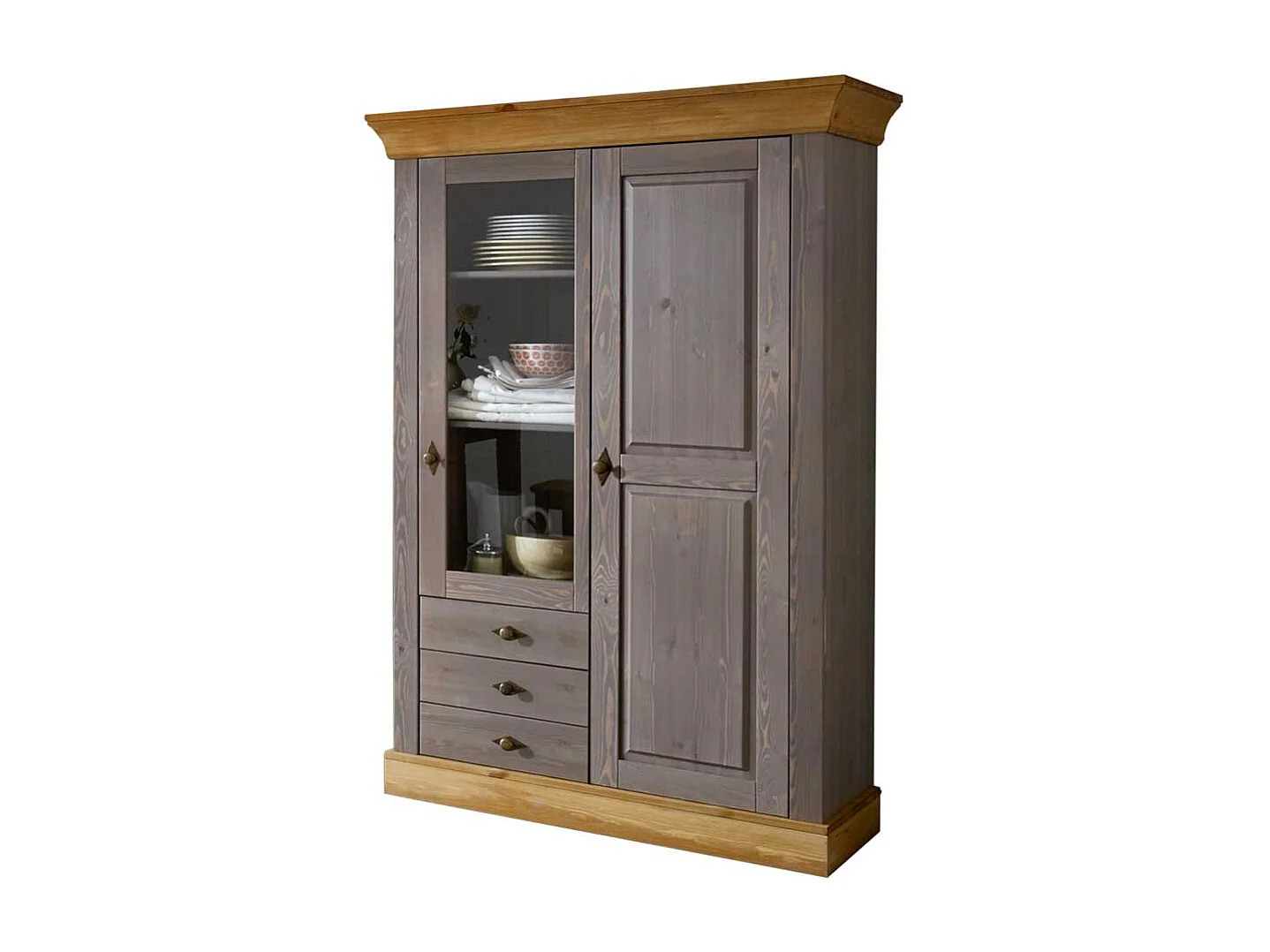 Standvitrine in Grau Kiefer teilmassiv