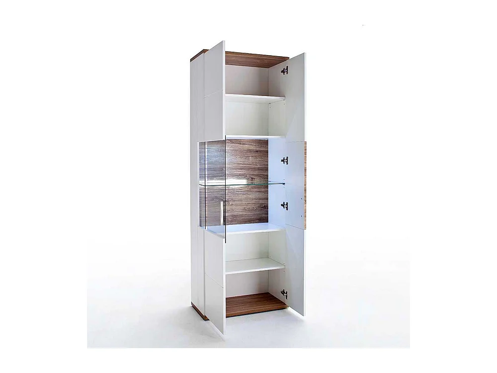 Standvitrine in Weiß hochglänzend und Eiche Dekor 70 cm breit