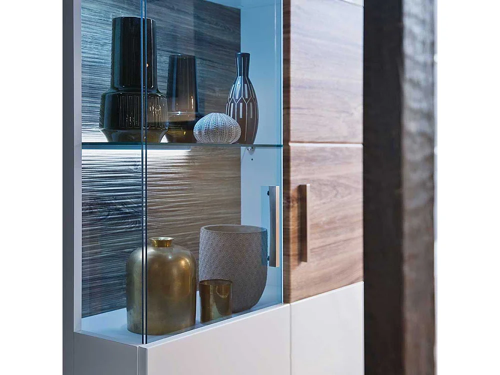 Standvitrine in Weiß hochglänzend und Eiche Dekor 70 cm breit