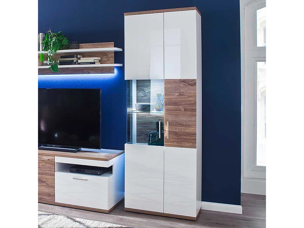 Standvitrine in Weiß hochglänzend und Eiche Dekor 70 cm breit