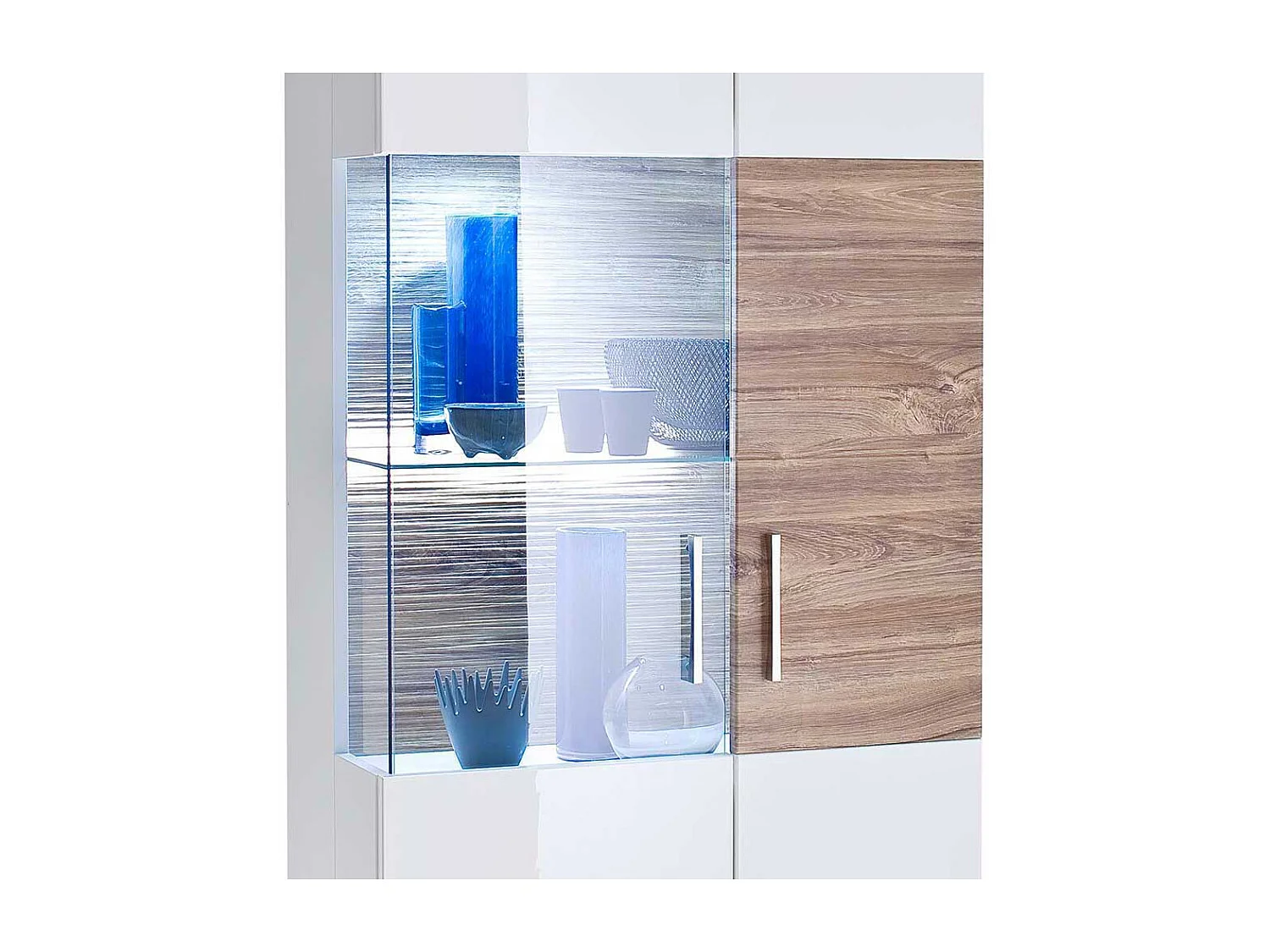 Standvitrine in Weiß hochglänzend und Eiche Dekor 70 cm breit