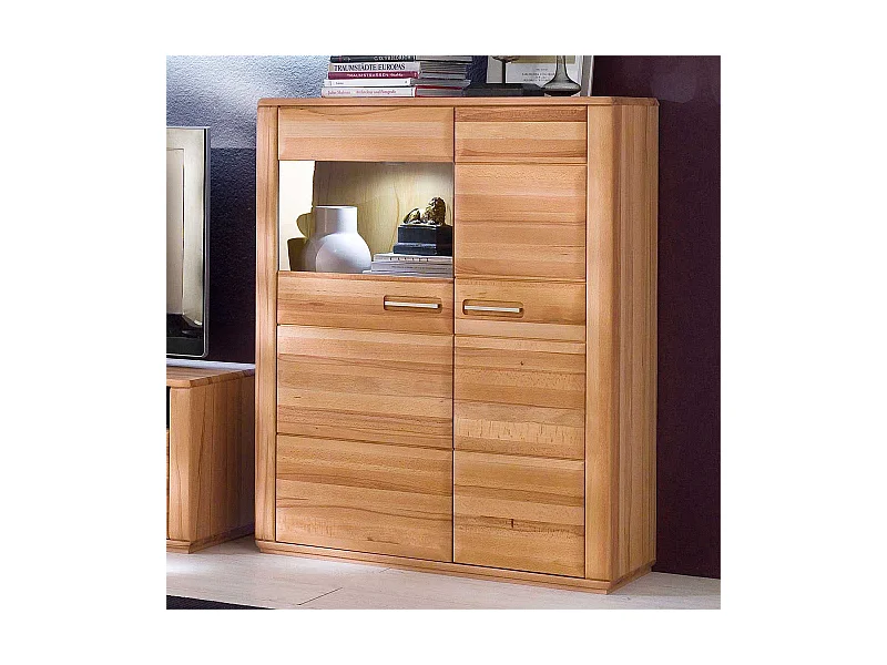 Wohnzimmervitrine in Kernbuchefarben weiße Beleuchtung