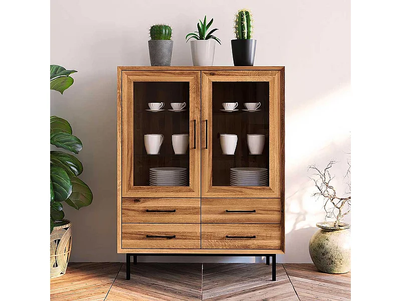 Esszimmervitrine massiv aus Wildeiche und Metall vier Schubladen