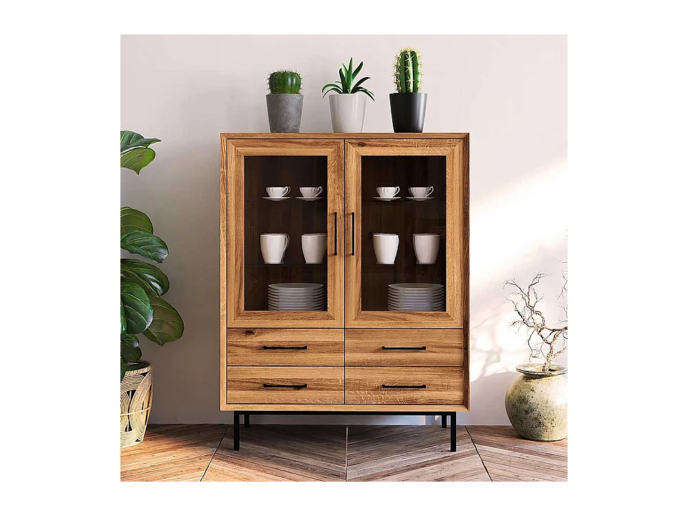 Esszimmervitrine massiv aus Wildeiche und Metall vier Schubladen