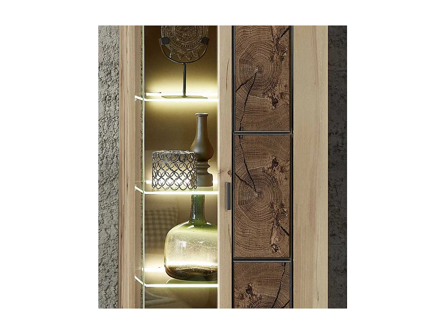 Wandvitrine in Wildeiche Hirnholz Optik modern