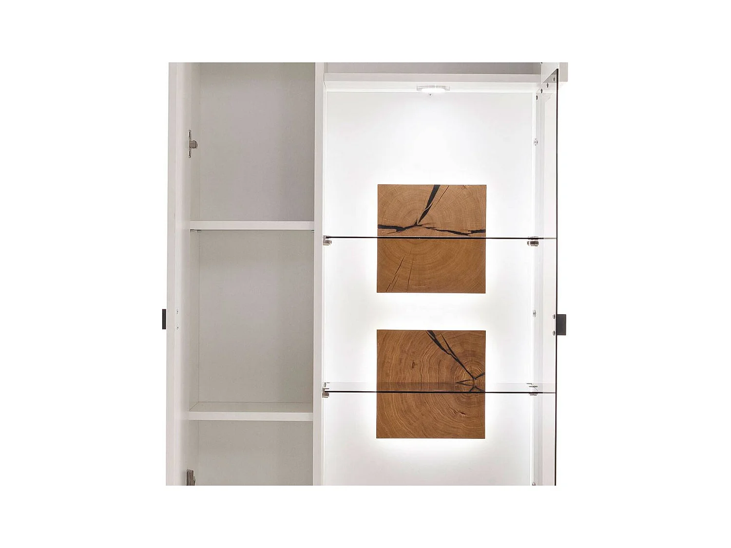 Wohnzimmervitrine Aufbewahrungsschrank in Soft White und Wildeichefarben