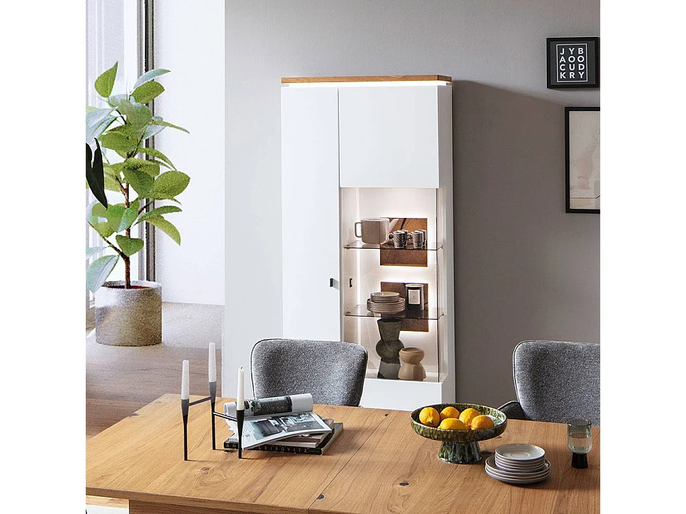 Wohnzimmervitrine Aufbewahrungsschrank in Soft White und Wildeichefarben