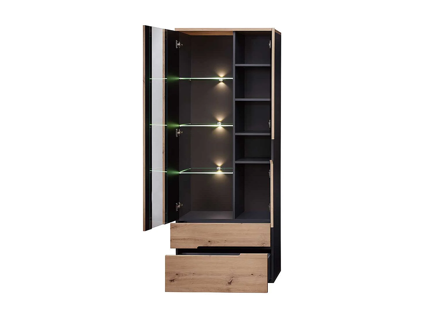 Standvitrine Wohnzimmer modern in Wildeichefarben Dunkelgrau