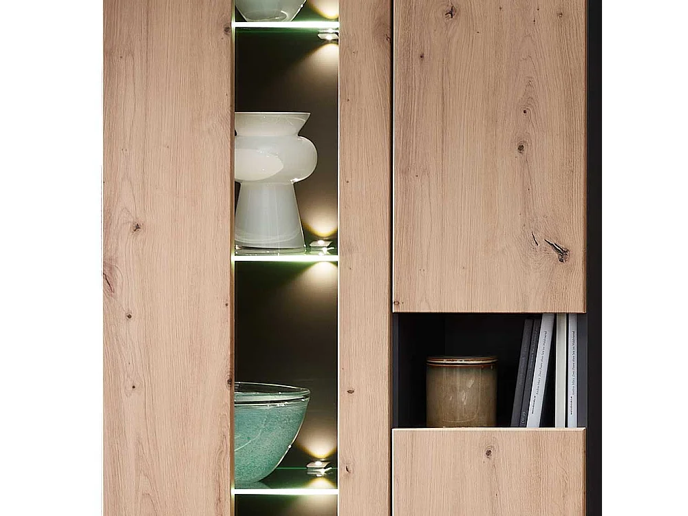 Standvitrine Wohnzimmer modern in Wildeichefarben Dunkelgrau