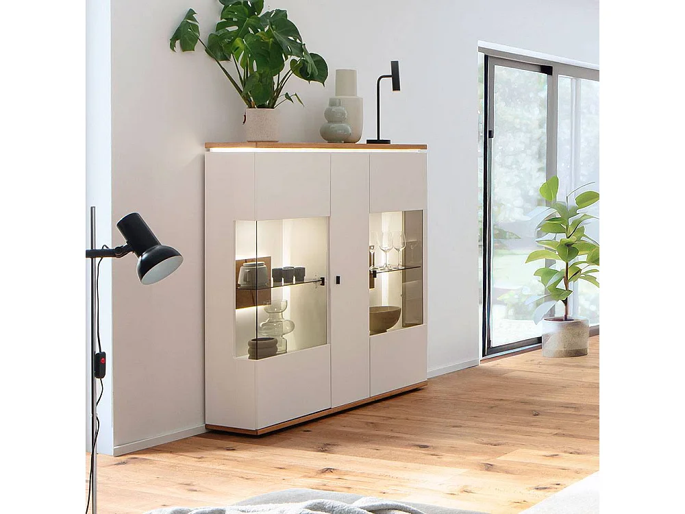 Standvitrine Wohnzimmervitrine mit Glastüren in Soft White
